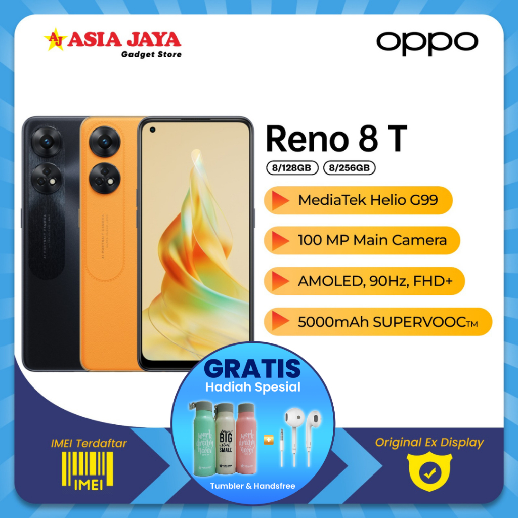 [EX DISPLAY] OPPO Reno8T 5G 8/128GB Dual Camera 100 MP HP Demolive Original Murah