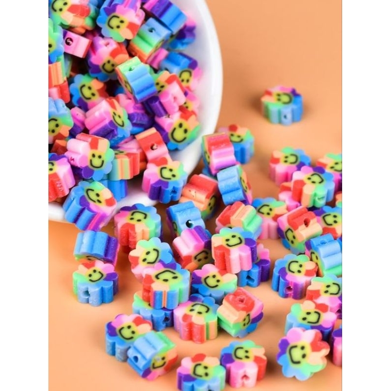 Mote / Manik Clay Polimer Bunga Smile Rainbow - 5pcs