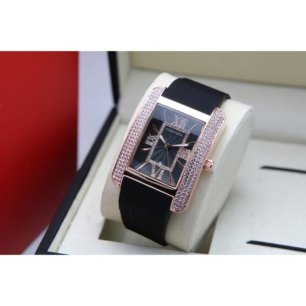 JAM TANGAN WANITA CARTIER TALI RUBBER BODY PANJANG ROSE PERMATA TANGGAL AKTIF