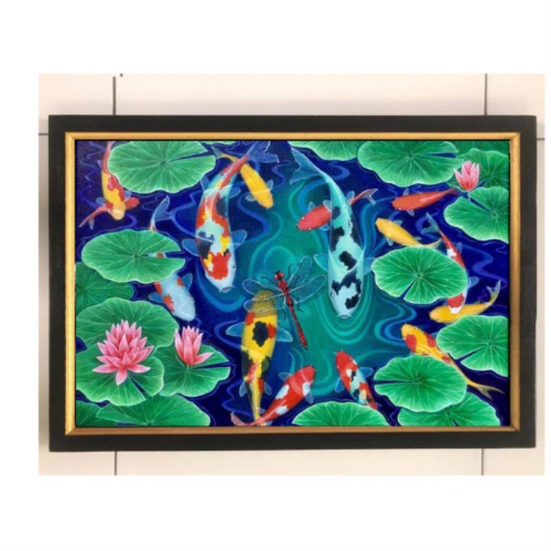 Hiasan dinding lukisan cetak ikan koi dan bunga teratai plus bingkai UK 45x65cm