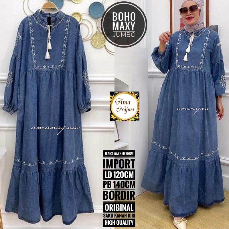 JUMBO LD 120 DAN LD 140 CM BOHO GAMIS BAJU WANITA JEANS BY AMANAJWA