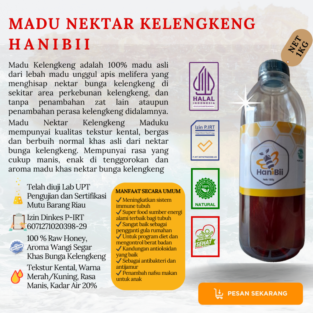 

Madu Murni Asli Nektar Kelengkeng Netto 1 Kg HaniBii Lulus Uji Lab