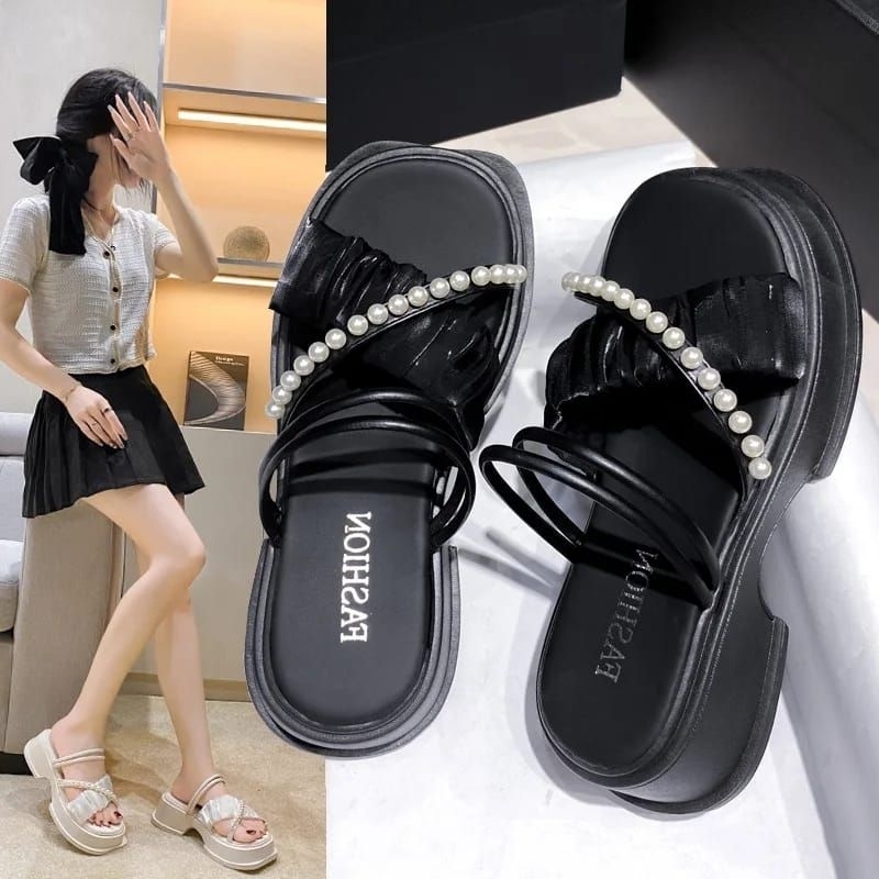 NARA Sandal Wedges Wanita Tali Kerut Silang Mutiara Korea Amd 03