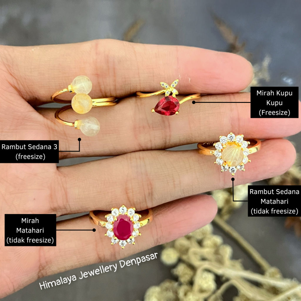 cincin batu permata asli mirah dan rambut sedana tembaga lapis emas hongkong dan liontin persis emas