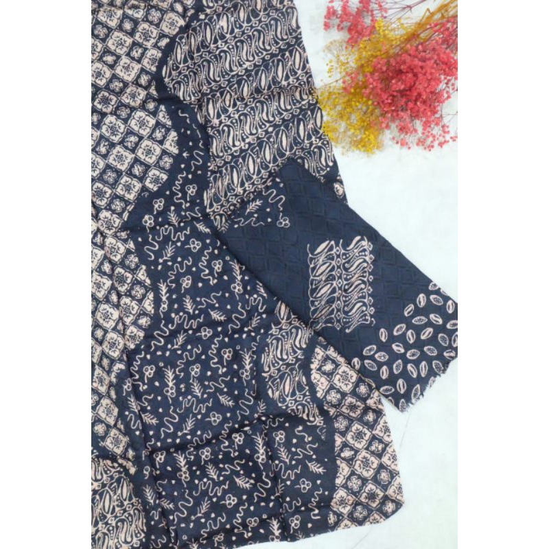 setelan kain batik cap pulauan bacem hitam set ceplok motif bahan viscose semi sutra khas trusmi cir