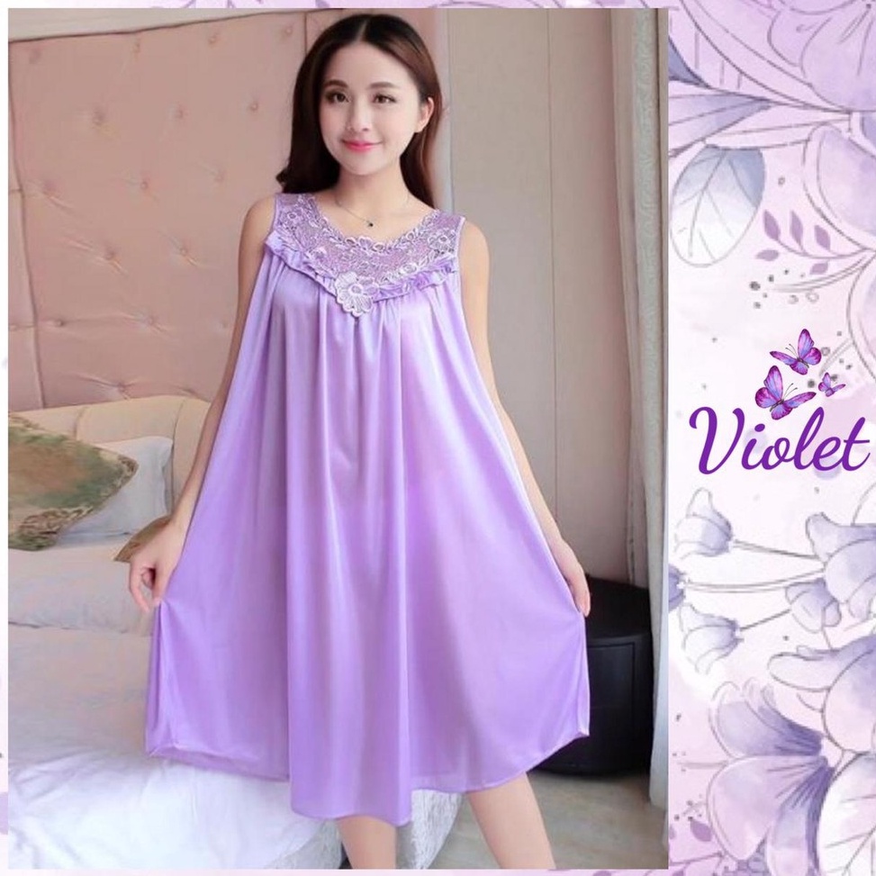 Pasti Untung Violet Lingerie Daster Satin Brokat Jumbo XL Korea Terkini Motif Bunga Lace Import 118