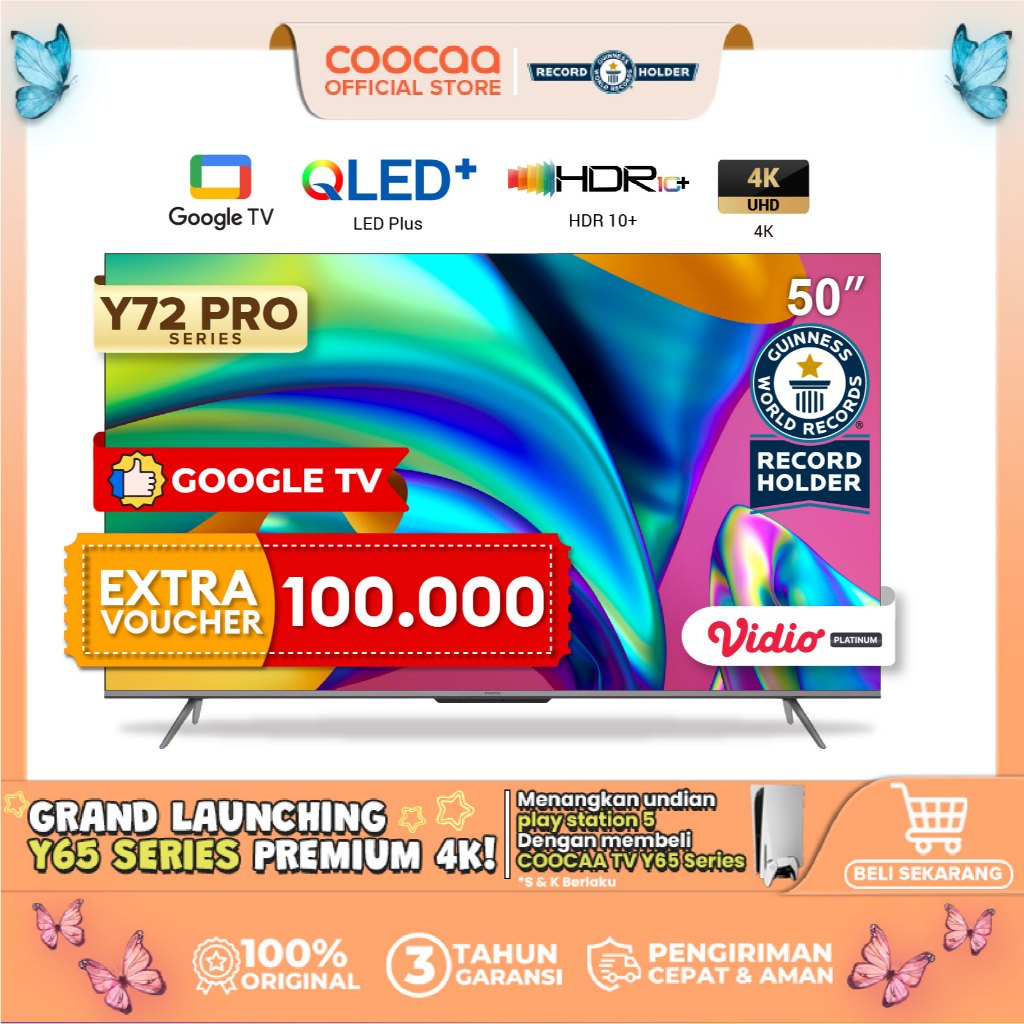 [Google TV] COOCAA 50 inch Smart TV - 4K - UHD - Netflix/Youtube - Google Assistant - Dolby Audio - Low Blue Light - Flicker Free - Bluetooth - Mirroring - WIFI - USB/LAN(COOCAA 50Y72 PRO)