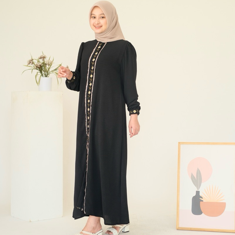 Womscloth - Midi Dress Crinkle Bordir - Dress Lebaran Busui Kancing Lengan Panjang - Gamis Wanita Muslim Terbaru-6