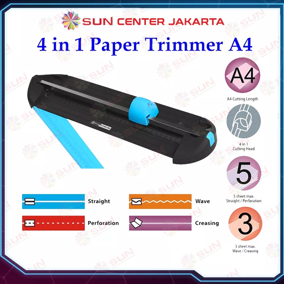 

KODE V75B Alat Potong Kertas 4 in 1 uk A4 SUN Cutting Pro CPMT41A4 Paper Cutter Trimmer Multifungsi untuk Potong Garis Lipat Perforation Putus putus Creasing Potong Gelombang Wave