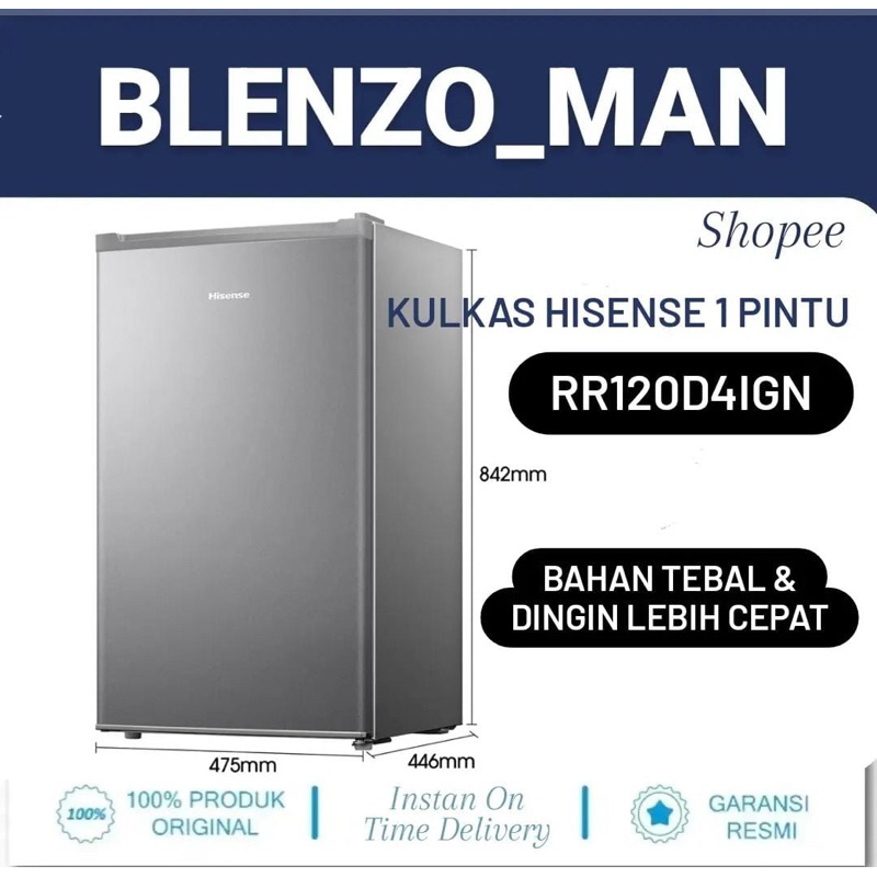 HISENSE KULKAS 1 PINTU 90 LITER RR120D4IGN SILVER