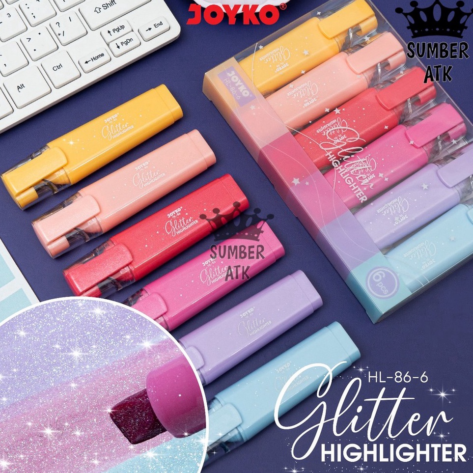 

KODE B8B Highlighter Penanda Berwarna Joyko HL866 Glitter Color 1 Set 6 Pcs