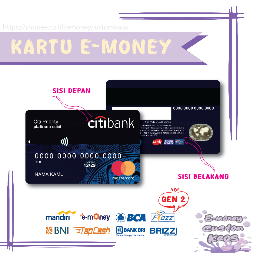 KARTU EMONEY DEBIT CARD PRIORITY ETOLL MANDIRI FLAZZ BCA GEN 2 BNI TAPCASH BRIZZI BRI - 2 SISI