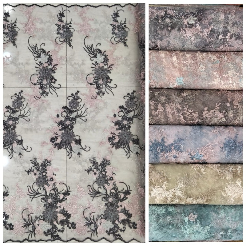 Kain Tile bordir/tulle bordir jasmine with stone premium ( Harga Persetengah meter 0,5mtr )