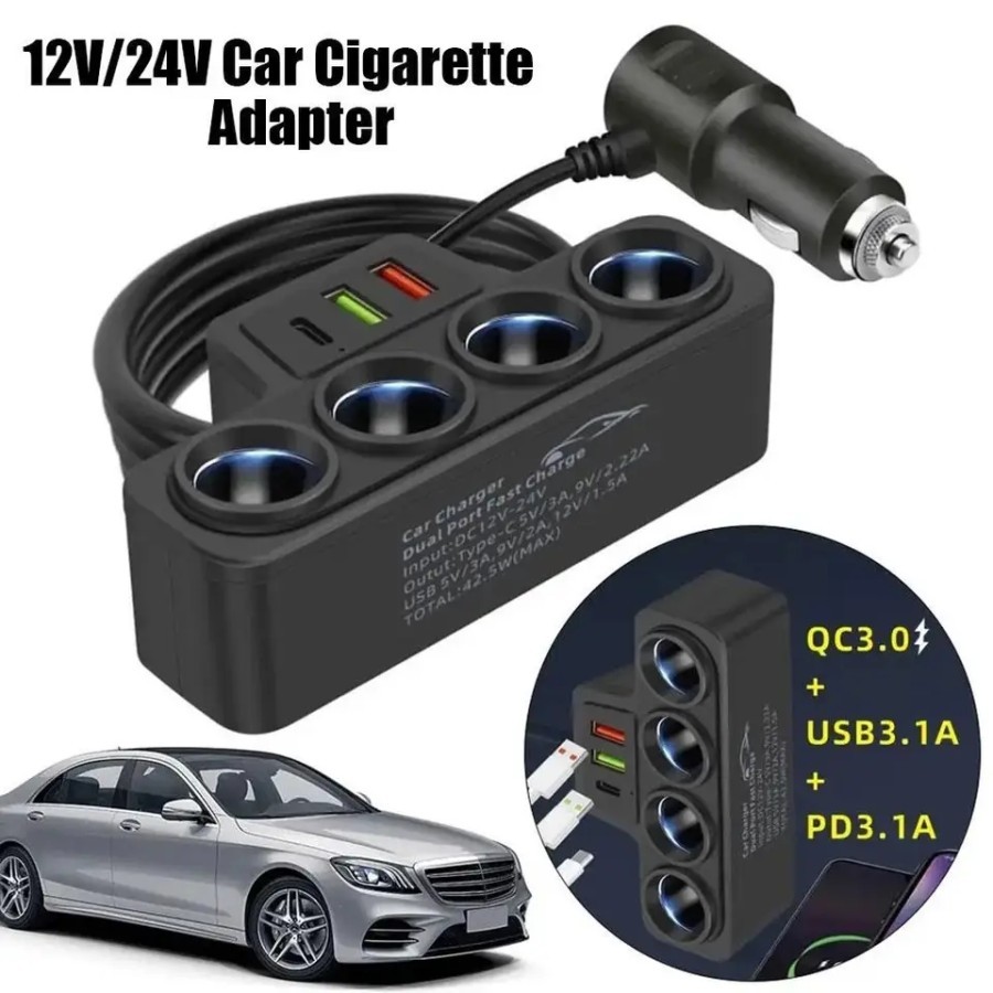 Socket Lighter Mobil Extension 120W 3 USB PD Fast Charger Splitter Cigarette