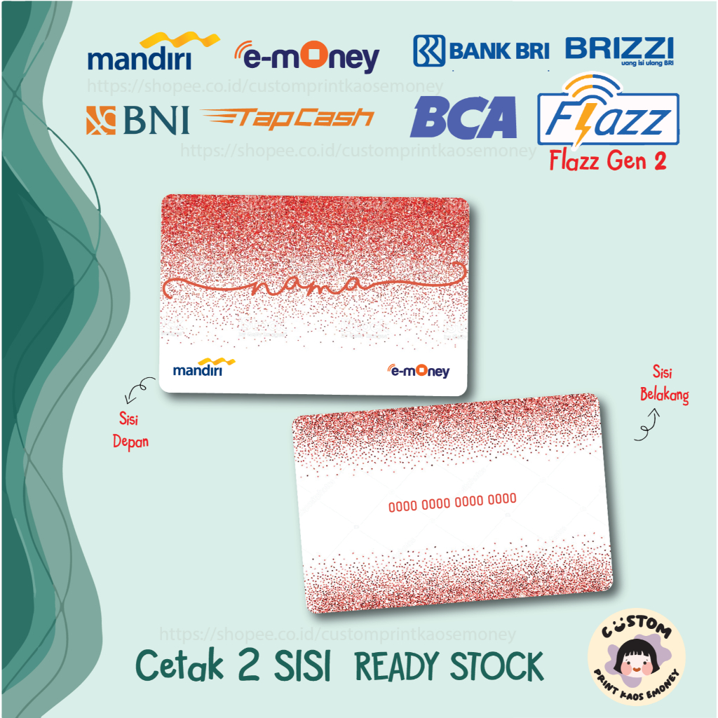KARTU E MONEY E TOLL CUSTOM NAMA WHITE GLITTER RED PUTIH MANDIRI EMONEY BNI TAPCASH BRI BRIZZI FLAZZ