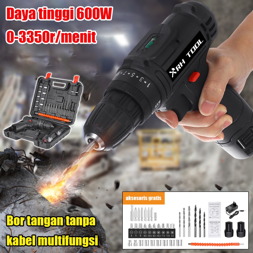 XRH-TOOL COD Cordless Lithium Electric Drill 300N.M  600W, dapat digunakan pada kayu beton, logam