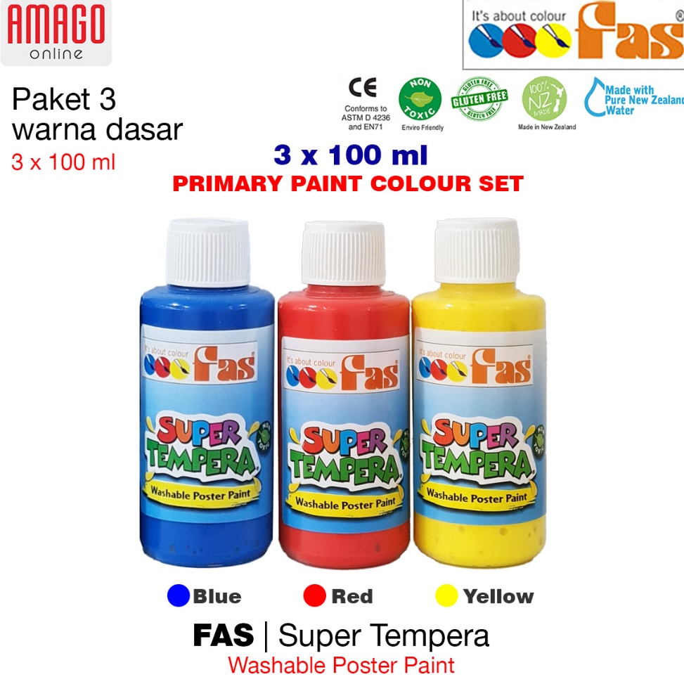 

KODE F85T FAS Super Tempera Primary Colour Set Cat Lukis Sekolah Paket 3 Warna dasar Yellow Blue Red 3x1 ml