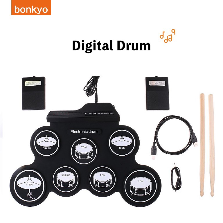 KODE E84H Bonkyo Drum Elektronik Portabel Digital USB 7 Bantalan Roll up Drum Set Silicone Electric 