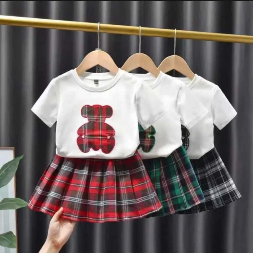 Dress Anak Beruang Kotak Baju Kaos Pendek Anak Perempuan Setelan Baju dan Rok Anak Perempuan