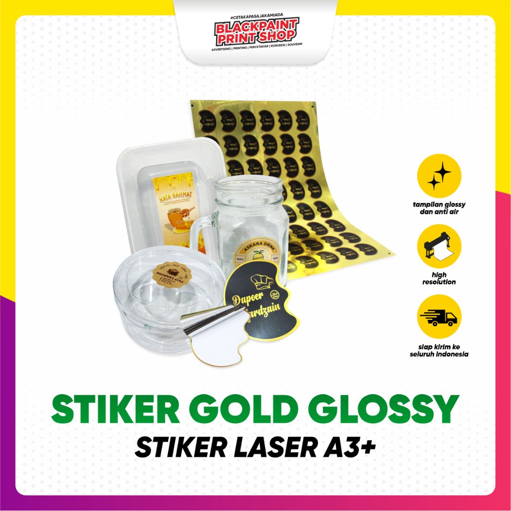 

Stiker Label Laser A3+ Gold Glossy / Stiker Kemasan Makanan / Stiker Produk ( Free Desain)