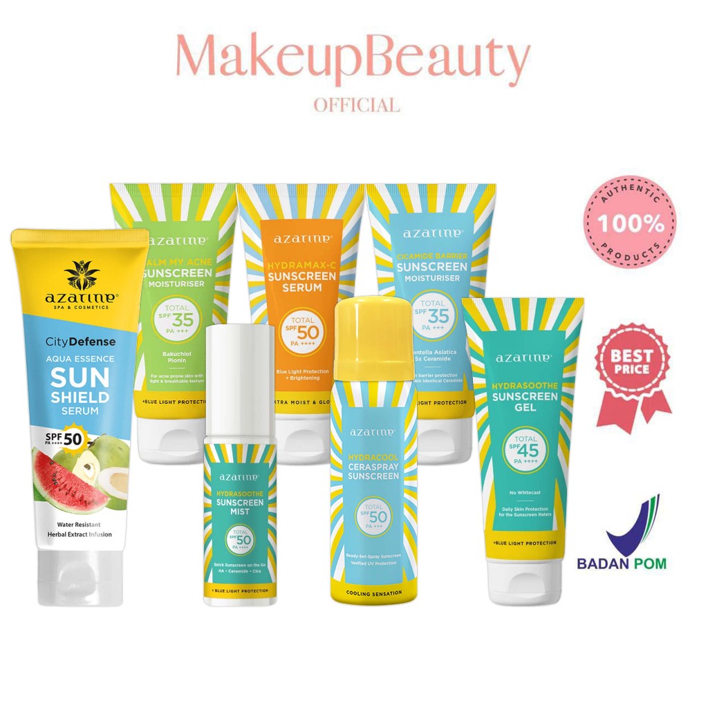 	 AZARINE Hydrasoothe Sunscreen Gel SPF45 | Mist SPF50 | Sun Shield Serum SPF50 | HydraMax-C Sun SPF50 | Tone Up Sun SPF50 | Cicamide Barrier Sun | Calm My Acne Sun | Hydracool Ceraspray Sun	