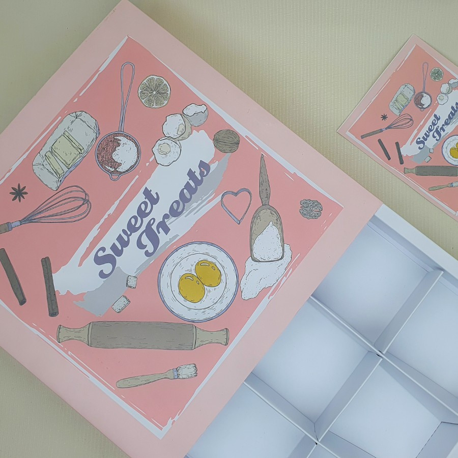 

( 5 pcs) Kotak Eggtart Sekat 9 Dus Fruit Pie Kue Soes Box Roti Mochi Packaging Motif Sweet Treats 24x24x4 Cm