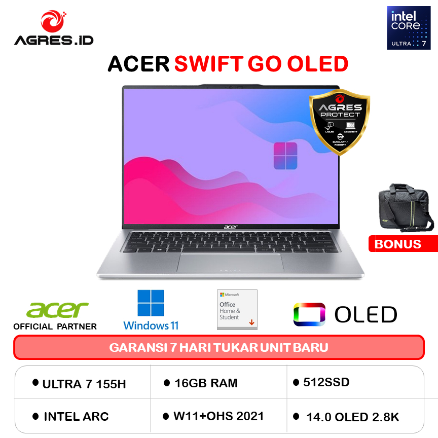 ACER SWIFT GO OLED SFG14 ULTRA 7 155H 16GB 512GB W11PRO+OHS 14.0 2.8K 90HZ EVO 2Y+ADP -73.73P9