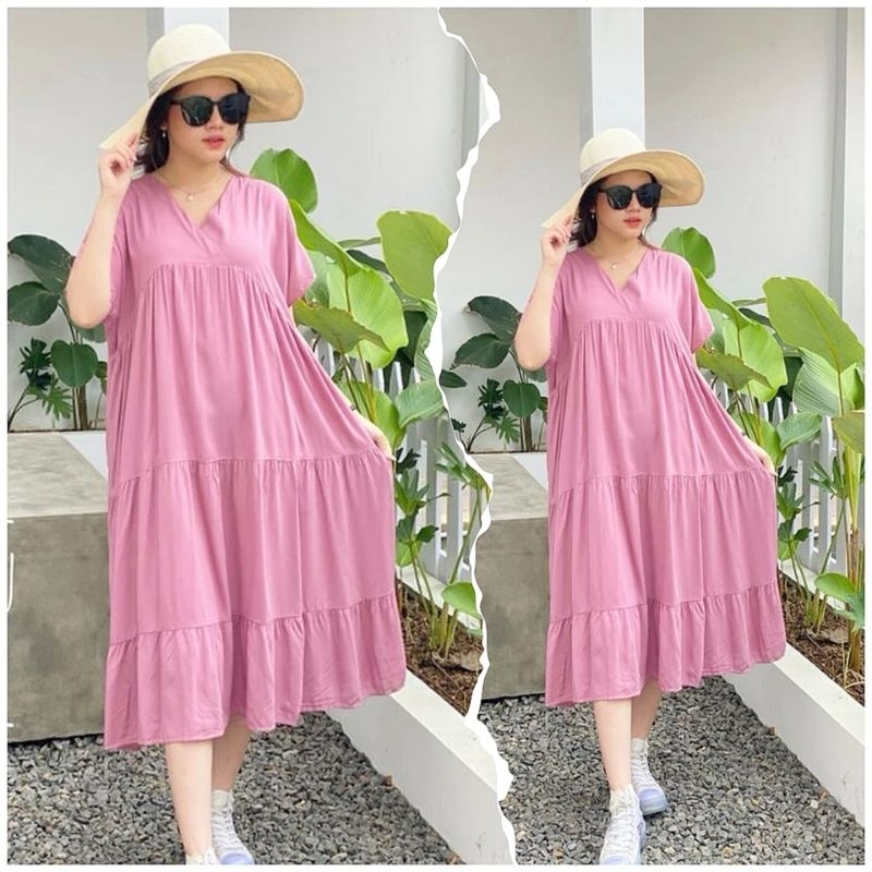 Daster Keyla Jumbo Ld120 Bahan Rayon & Crinkle 2007 | Dress Rampel Susun Ruffle