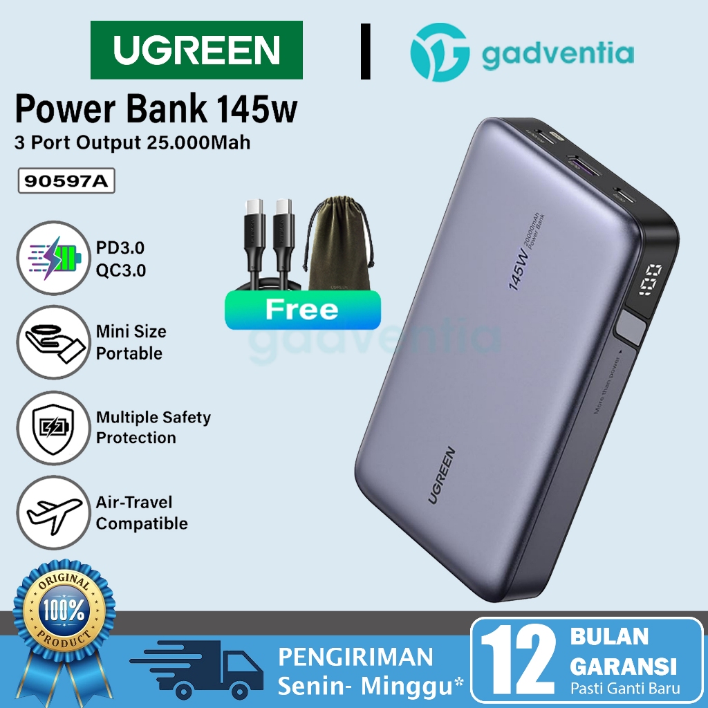 Ugreen 20542 Powerbank PD Fast Charging 20W 30w 10000mAh 20000mAh Power Bank USB Type C Untuk Handphone Android Samsung S23 S22 S2 Vivo Oppo Realme iPhone 8 X Xr Xs 11 12 13 14 15 Pro Max-90597A 145W- 25k MAH