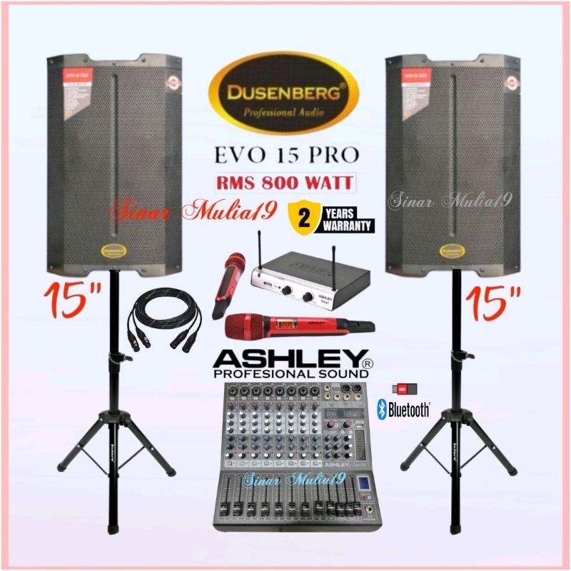 Paket Sound System Speaker Aktif 15 Inch Dusenberg EVO 15 PRO Mixer Ashley 8 Channel  Mic Wireless A