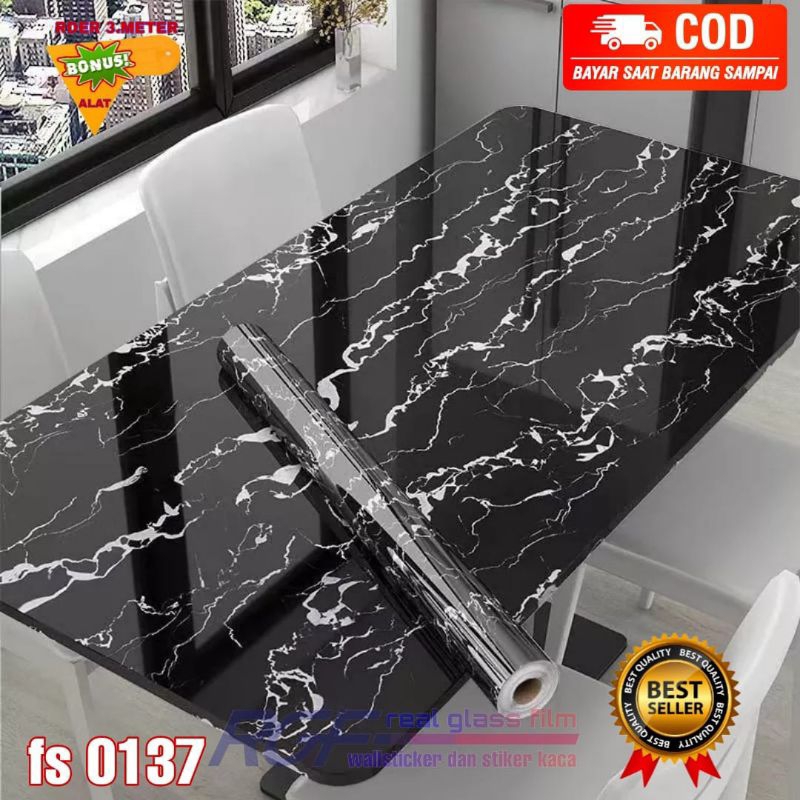 wallpaper stiker dapur motif marmer hitam serat putih anti minyak tahan air dan panas