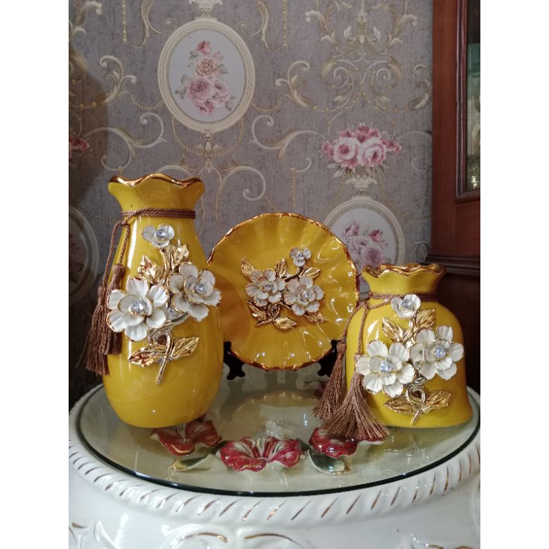 keramik pajangan guci piring set 3