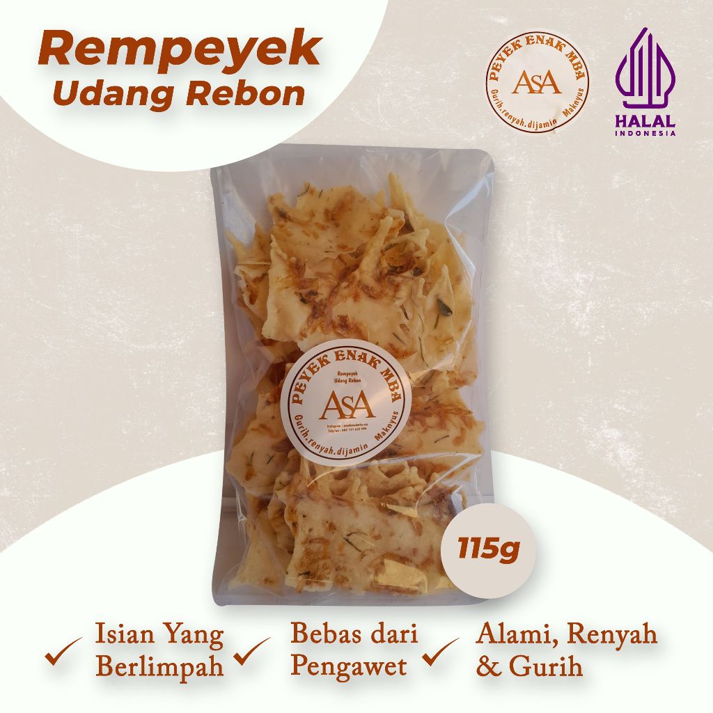 

Peyek Mbak Asa | Rempeyek Udang Rebon Premium Gurih , Renyah kemasan ( 115 gram )