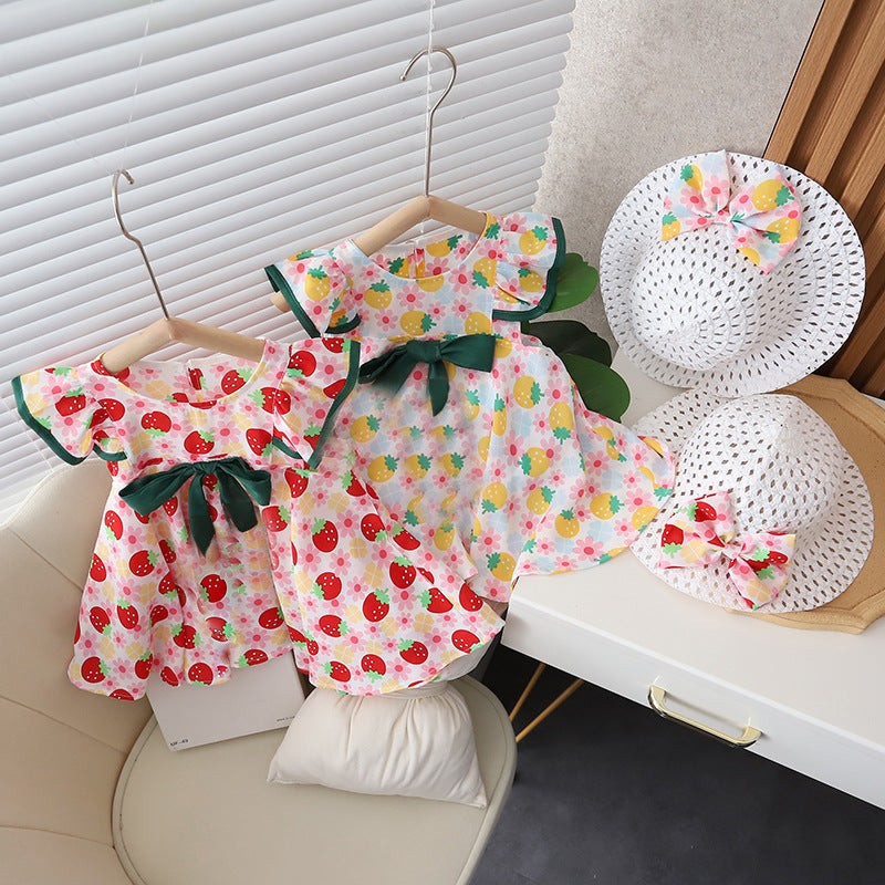 Baju Mini Dress Pantai Fashion Import Anak Perempuan - Motif Ribbon Strawberries