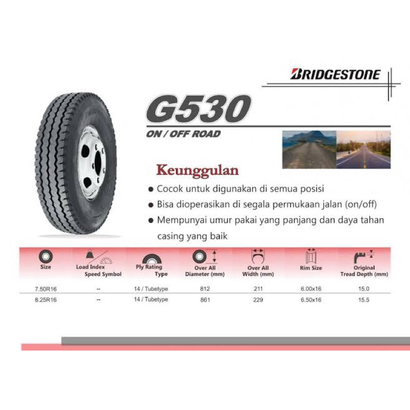 ban truck 7.50 r16 bridgestone G530 kawat radial 7.50R16 berikut ban dalam dan ban perut flap 750-16