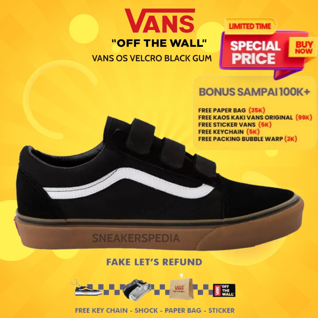Vans Oldskool Original 100% Velcro Classic Black Gum Sepatu Pria Wanita