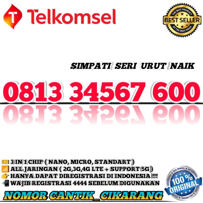 NOMOR CANTIK SIMPATI  KARTU PERDANA NOMOR CANTIK TELKOMSEL  NOMOR CANTIK SIMPATI SERI URUT 34567 NOM
