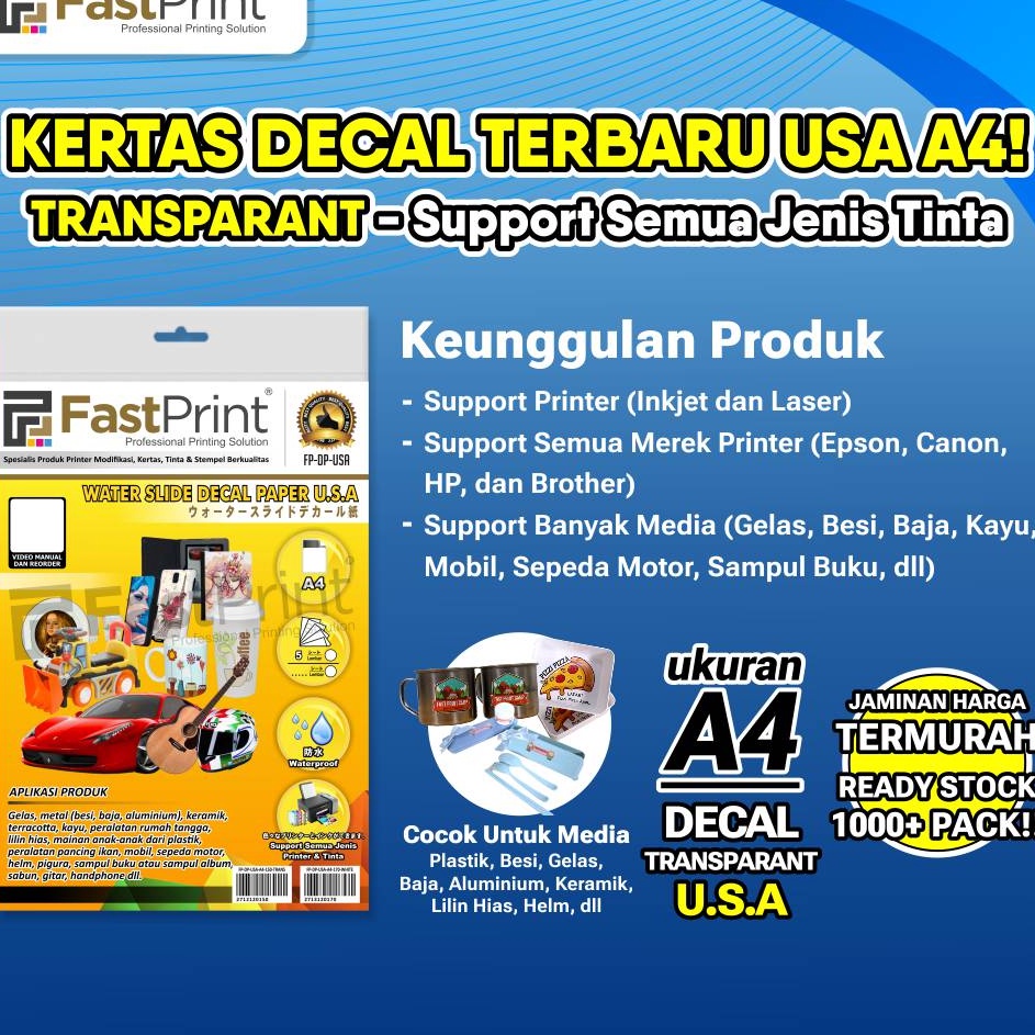 

Pasti Ready Fast Print Kertas Water Slide Decal Transparant USA A4 15 Gram