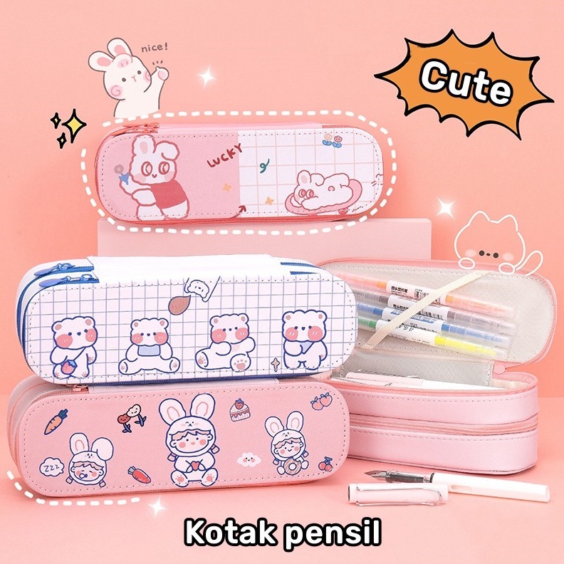 

KODE Y17P Kotak pensil 2 susun motif kelinci karakter lucu kartun Tempat pensil pulpen 2 layer Korean style pencil case rabbit Tingkat tempat alat tulis anak perempuan