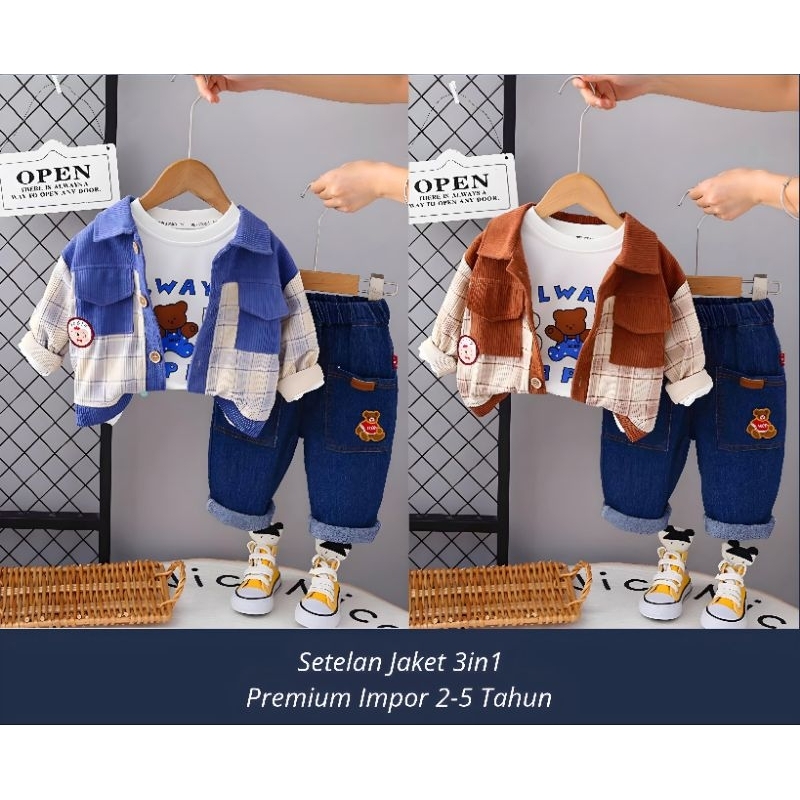 Isi 4 Pcs | Setelan Impor Premium 3 in 1 | Setelan Jaket + Kaos + Jeans 2-5 Tahun | Supplier Baju An