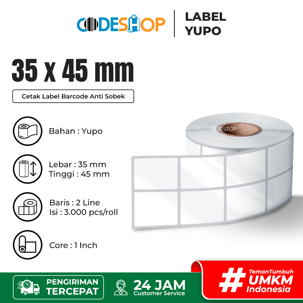 

Stiker Label Yupo 35x45mm 2 Line isi 3000 Pcs Core 1" Gap Perforasi