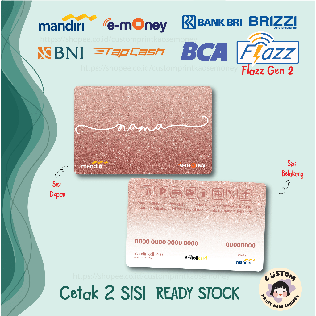 KARTU E MONEY E TOLL CUSTOM NAMA PINK GLITTER CUTE MANDIRI TAPCASH BRIZZI FLAZZ GEN 2 - 2 SISI