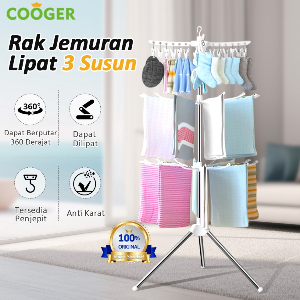 Langsung Beliii COOGER Rak Jemuran 24 Klip Jemuran Baju Bayi Handuk Celana Dalam Stainless Steel 3 T