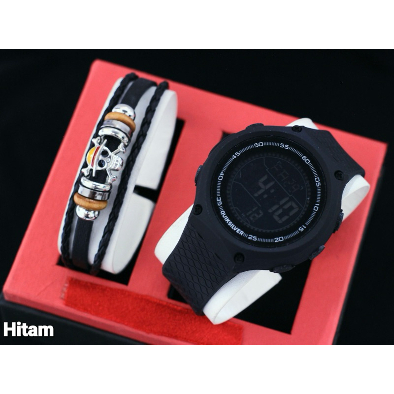 Paket + Gelang Jangkar Topi Jerami Quiksilver Digital Jam Tangan Pria Rubber