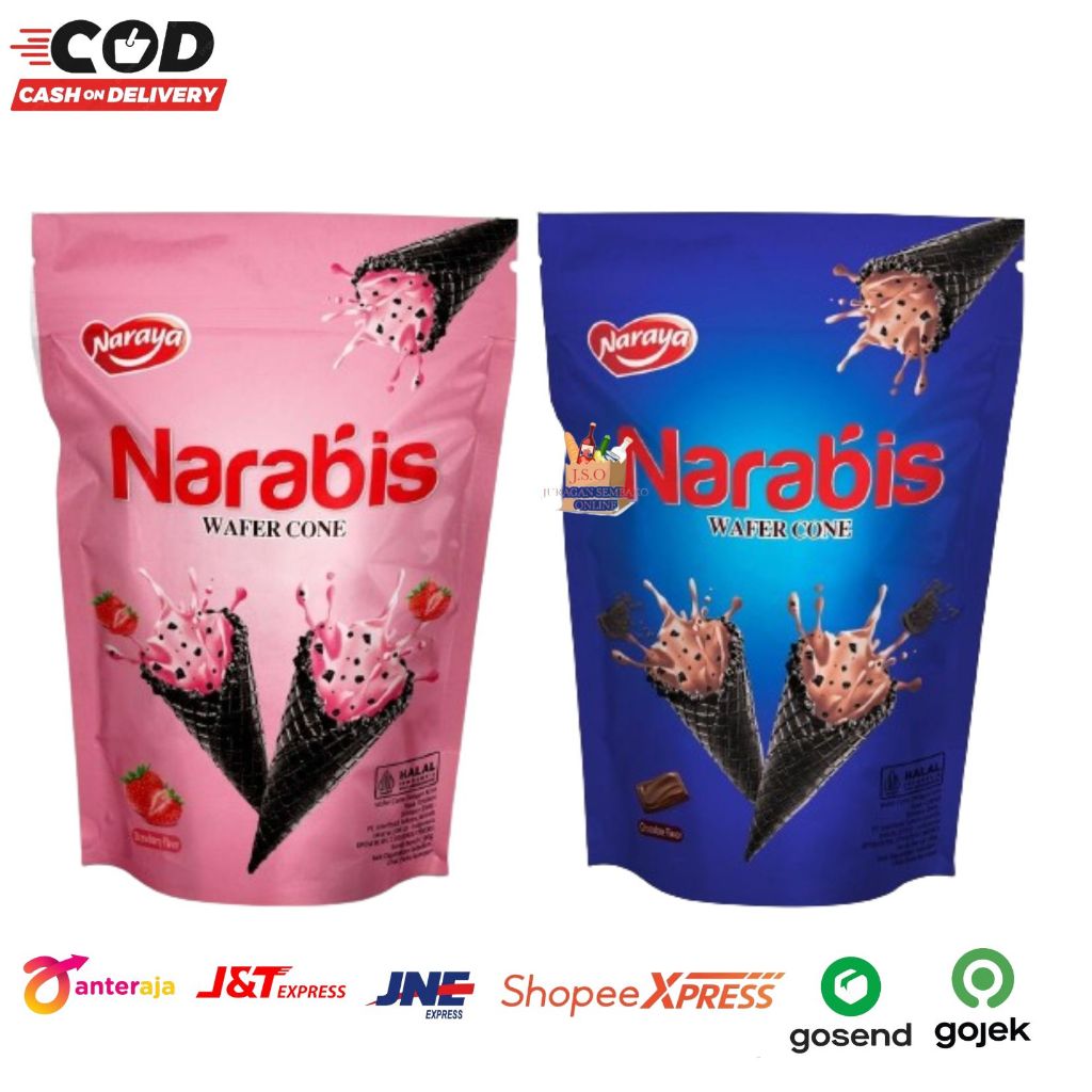 

[ JSO ] Naraya Narabis Wafer Cone 80gr Halal Cream Strobery Coklat Chocolate Snack Wafer Dengan Krim Coklat Dan Strobery