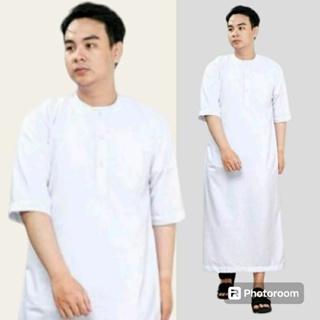 jubah pria modern / jubah lengan pendek lelaki / gamis pria / jubah mewah / kerah v  /model haramain