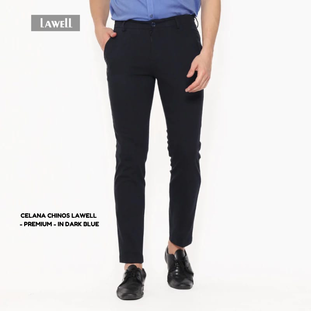 Lawell Celana Chino Panjang Pria Casual Formal Kerja Slim Fit Warna Dark Blue Grey Kualitas Premium