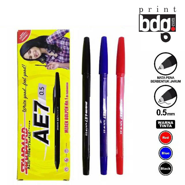 

Pulpen Merk Standard AE-7 0,5 mm Warna Tinta: HITAM, MERAH, BIRU