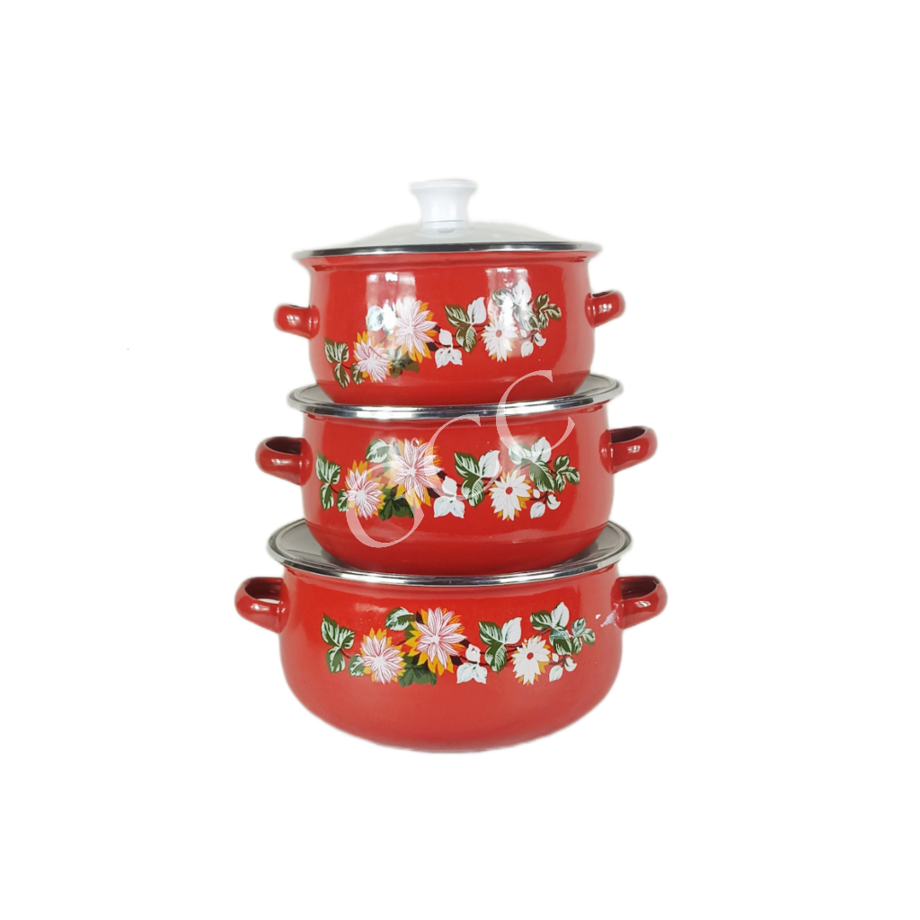A1 Calypso Panci Bunga Enamel 3Pcs Ukuran 16 /18 /20cm Tutup Kaca Panci Enamel Kembang 3 Susun