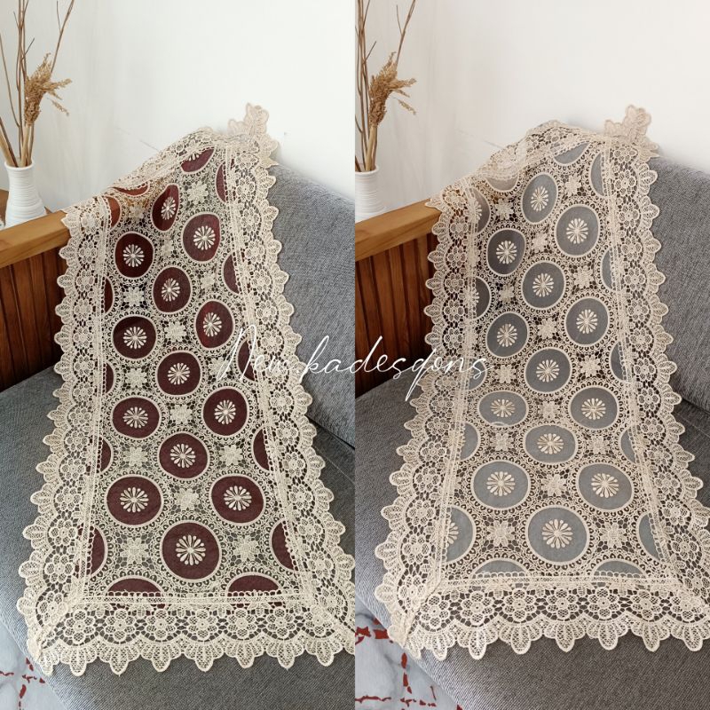 Taplak meja tamu renda import. tablerunner taplak panjang. brukat organdy rajut.